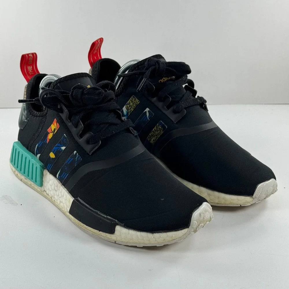 Adidas NMD R1 Core Black Floral Stripes Teal Accents Sneakers‎ FY3665 Mens 9